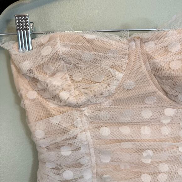 Lulus Bustier Crop Top M Beige In the Spotlight Polka Dot Mesh Ruffle Sweetheart - Picture 3 of 8